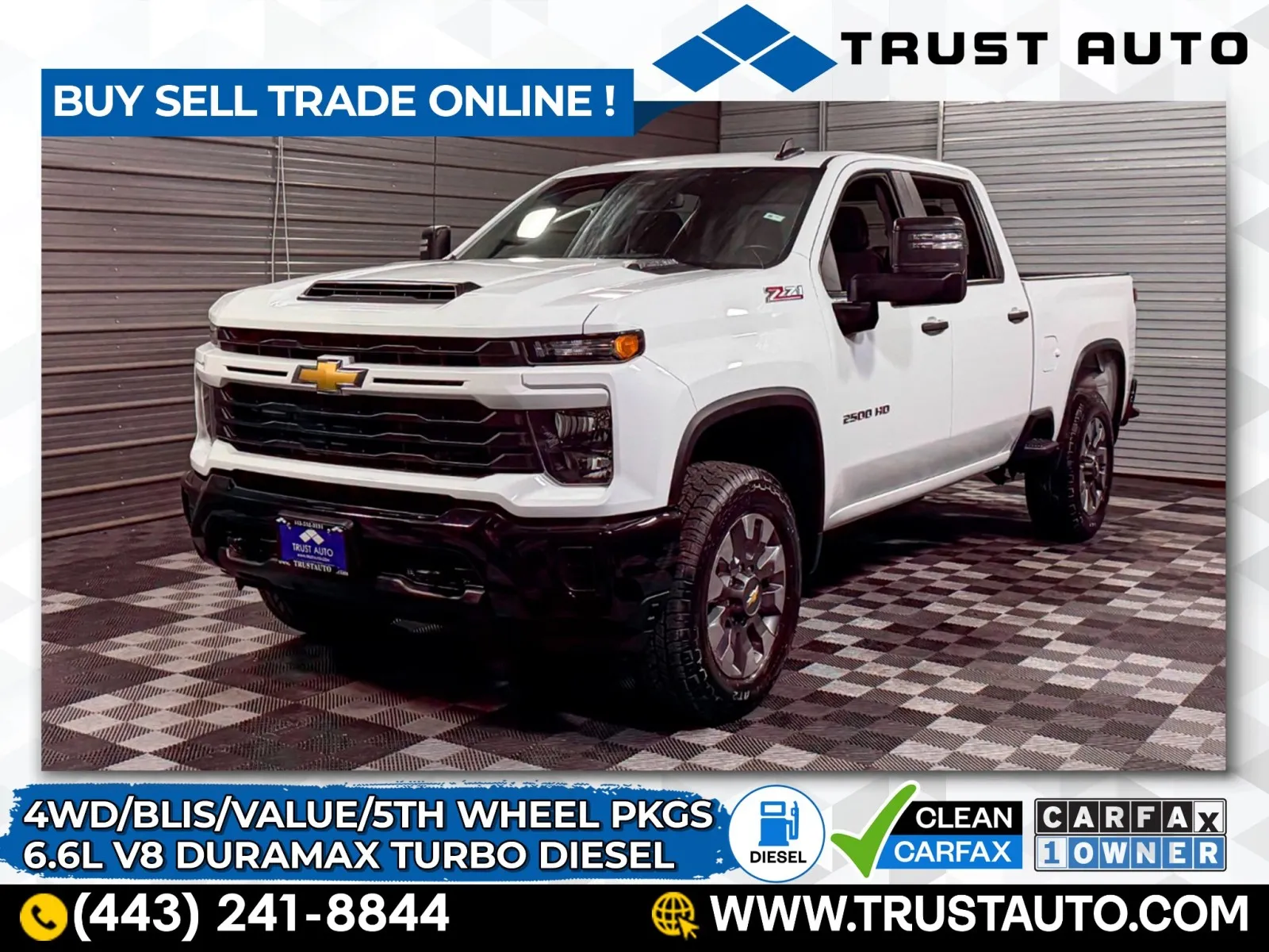 White 2024 Chevrolet Silverado 2500HD Custom 4WD Crew Cab Duramax Turbo Diesel Pickup Truck w/Value Pkg for sale in Sykesville, MD