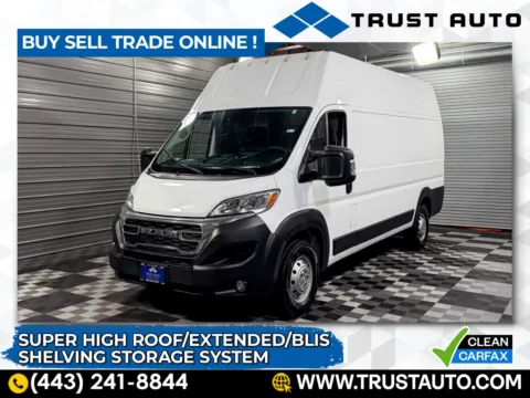 White 2023 Ram ProMaster 3500 Cargo 159''WB Super High Roof Extended Minivan/Van w/Shelving Storage System for sale in Sykesville, MD