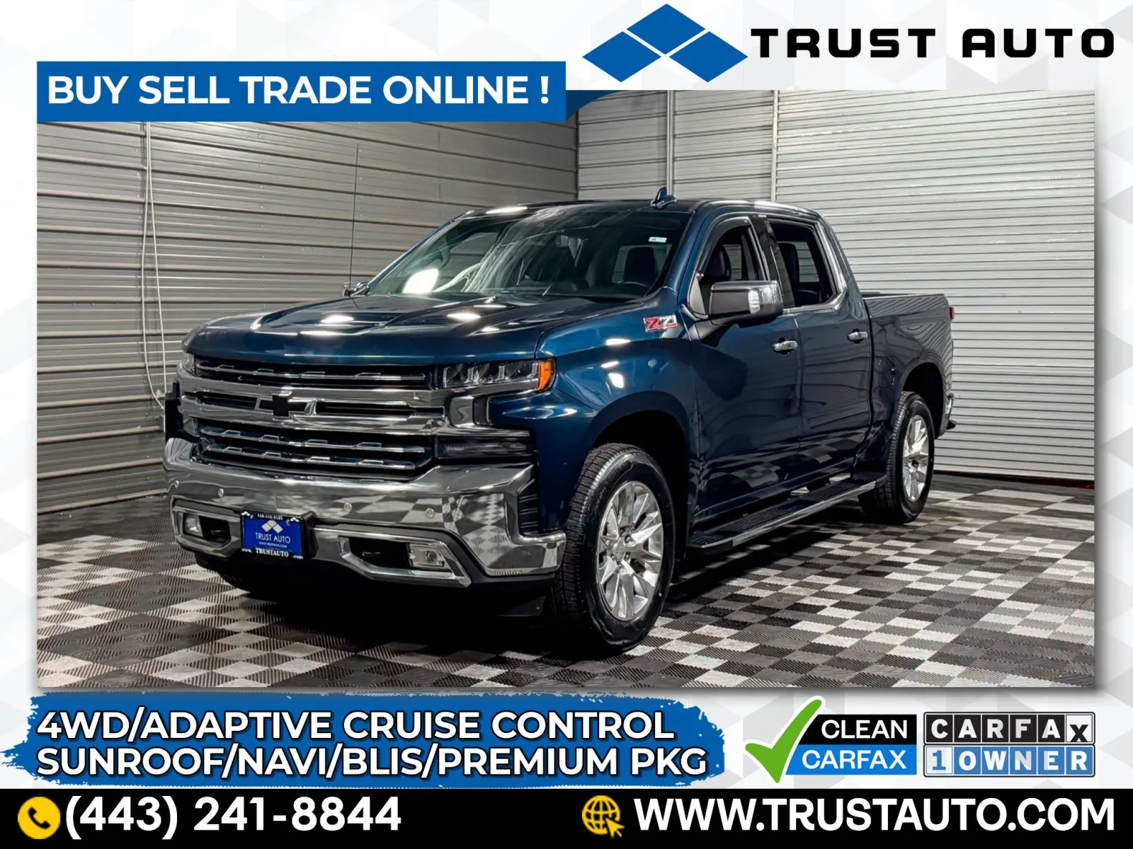 Blue 2022 Chevrolet Silverado 1500 LTD LTZ 4WD Crew Cab Pickup Truck w/Premium Pkg for sale in Sykesville, MD