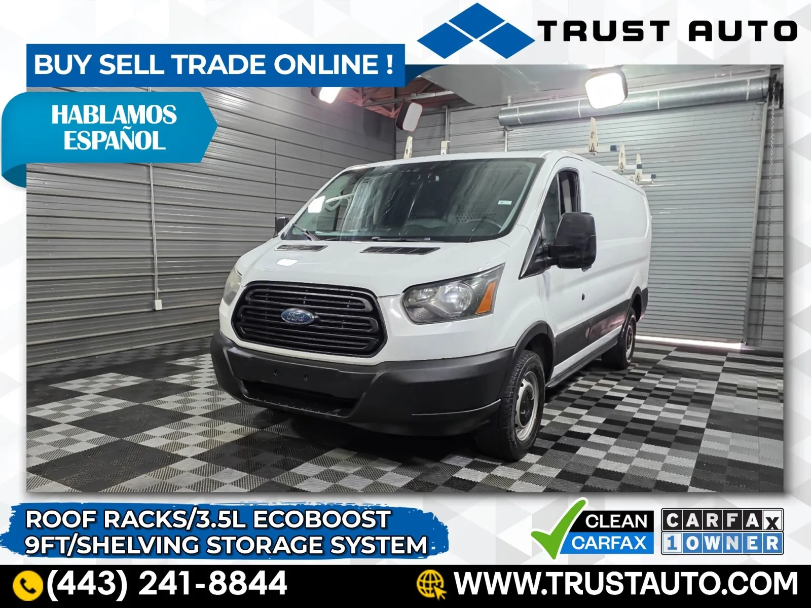 White 2017 Ford Transit T-250 Cargo 130''WB Low Roof Minivan/Van w/Roof Racks for sale in Sykesville, MD