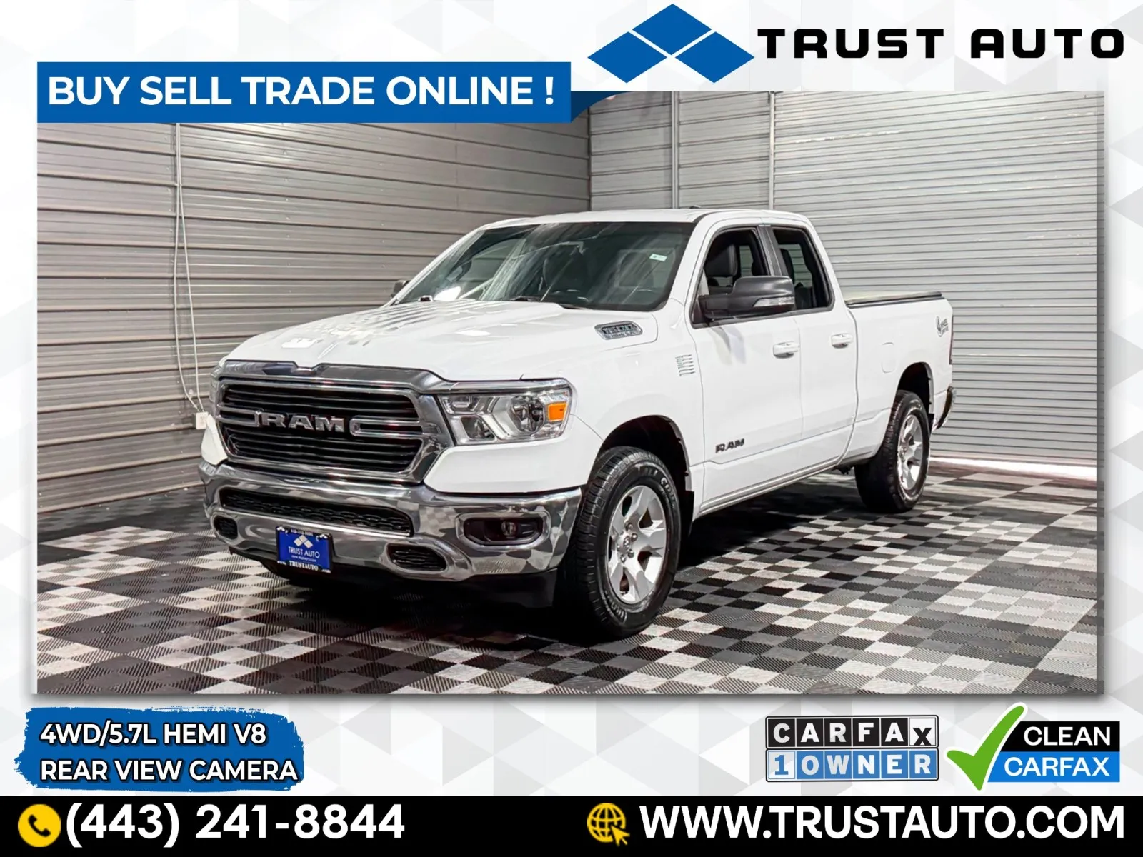 White 2021 Ram 1500 Big Horn 4WD Quad Cab 5.7L V8 Hemi Pickup Truck for sale in Sykesville, MD