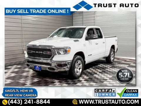 White 2021 Ram 1500 Big Horn 4WD Quad Cab 5.7L V8 Hemi Pickup Truck for sale in Sykesville, MD