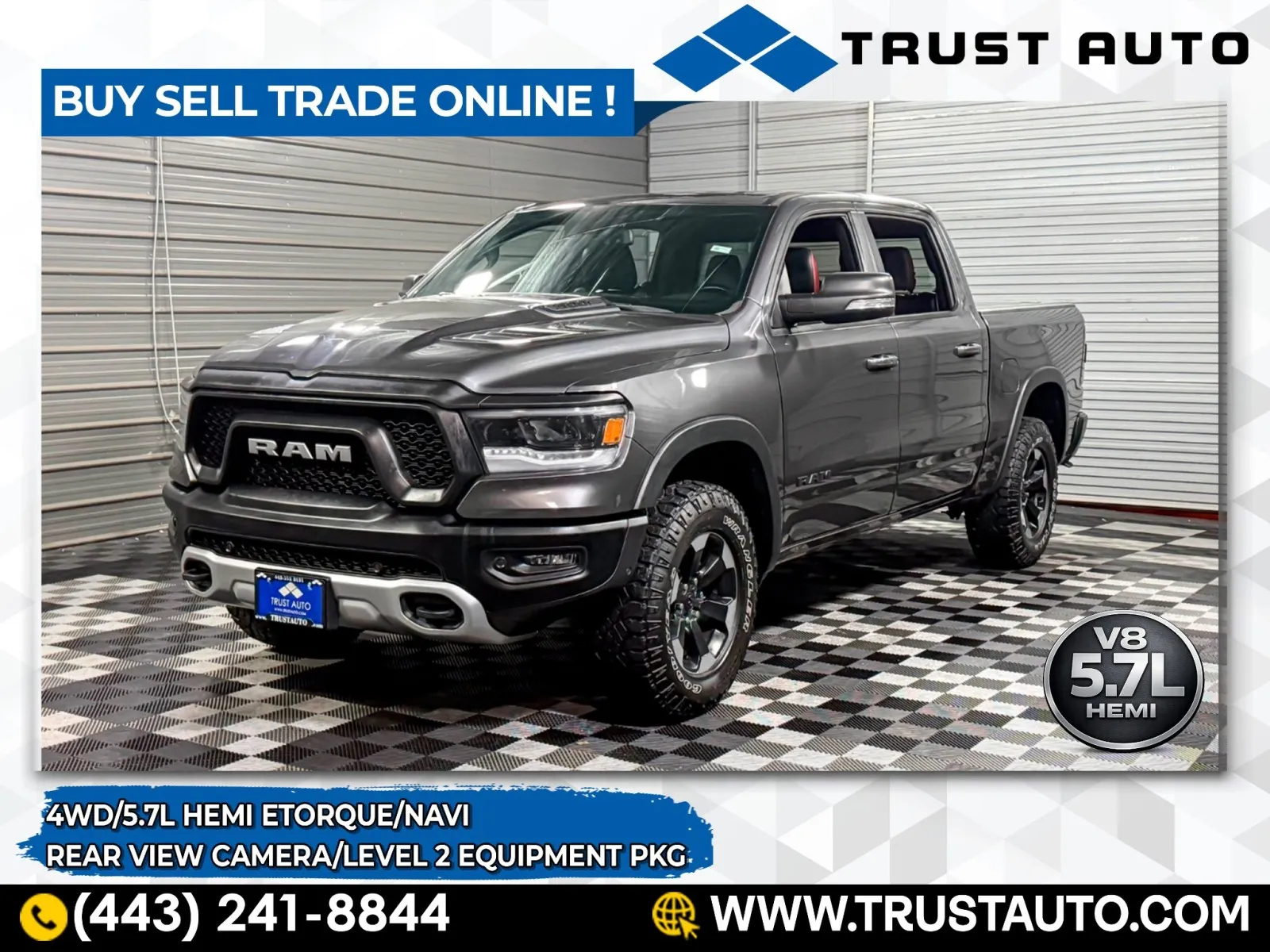 Gray 2019 Ram 1500 Rebel 4WD Crew Cab Pickup Truck w/Level 2 Equipment Group for sale in Sykesville, MD