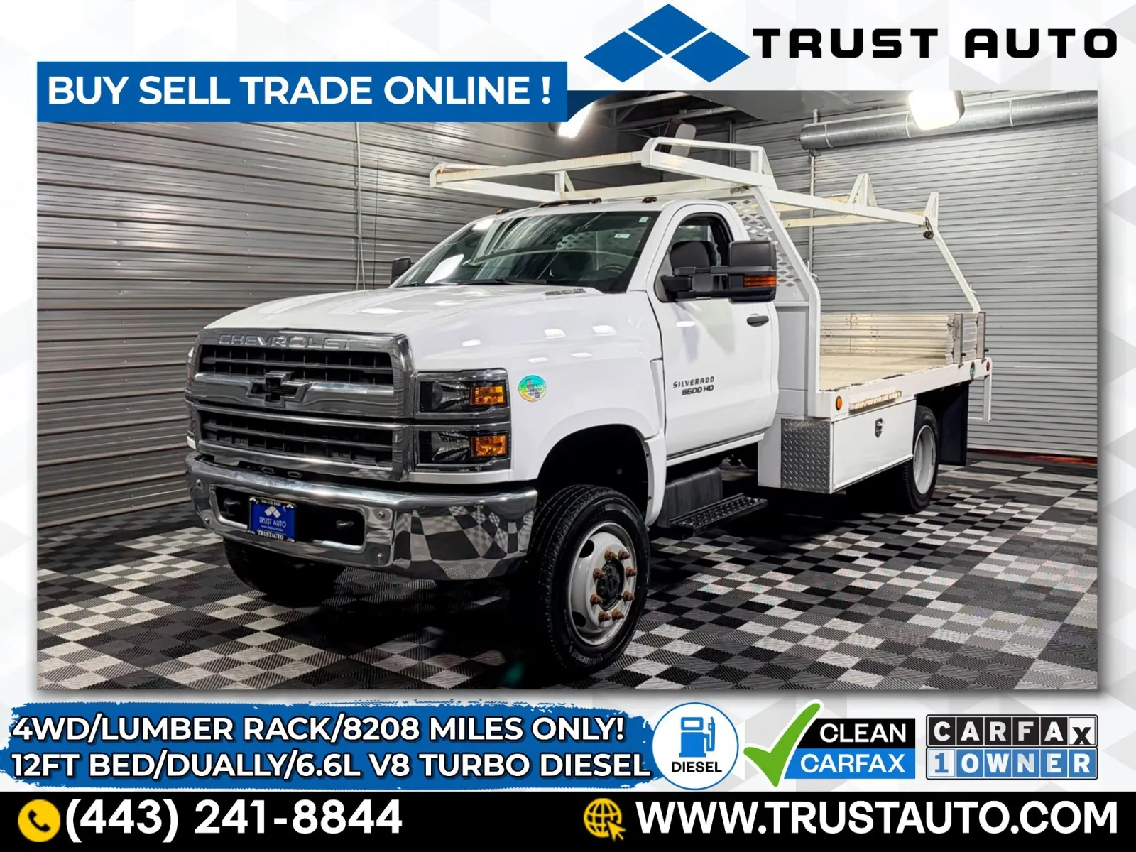 White 2021 Chevrolet Silverado 5500 MD Chassis Work Truck Regular Cab 4WD Flat Bed w/Lumber Rack for sale in Sykesville, MD