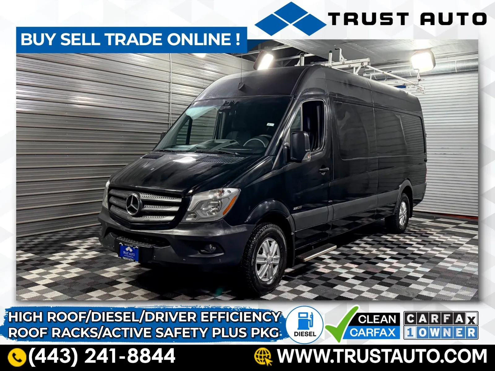 Black 2016 Mercedes-Benz Sprinter 2500 Cargo High Roof Extended 170''WB 3.0L V6 Turbo Diesel Minivan/Van w/Active Safety Plus Pkg for sale in Sykesville, MD