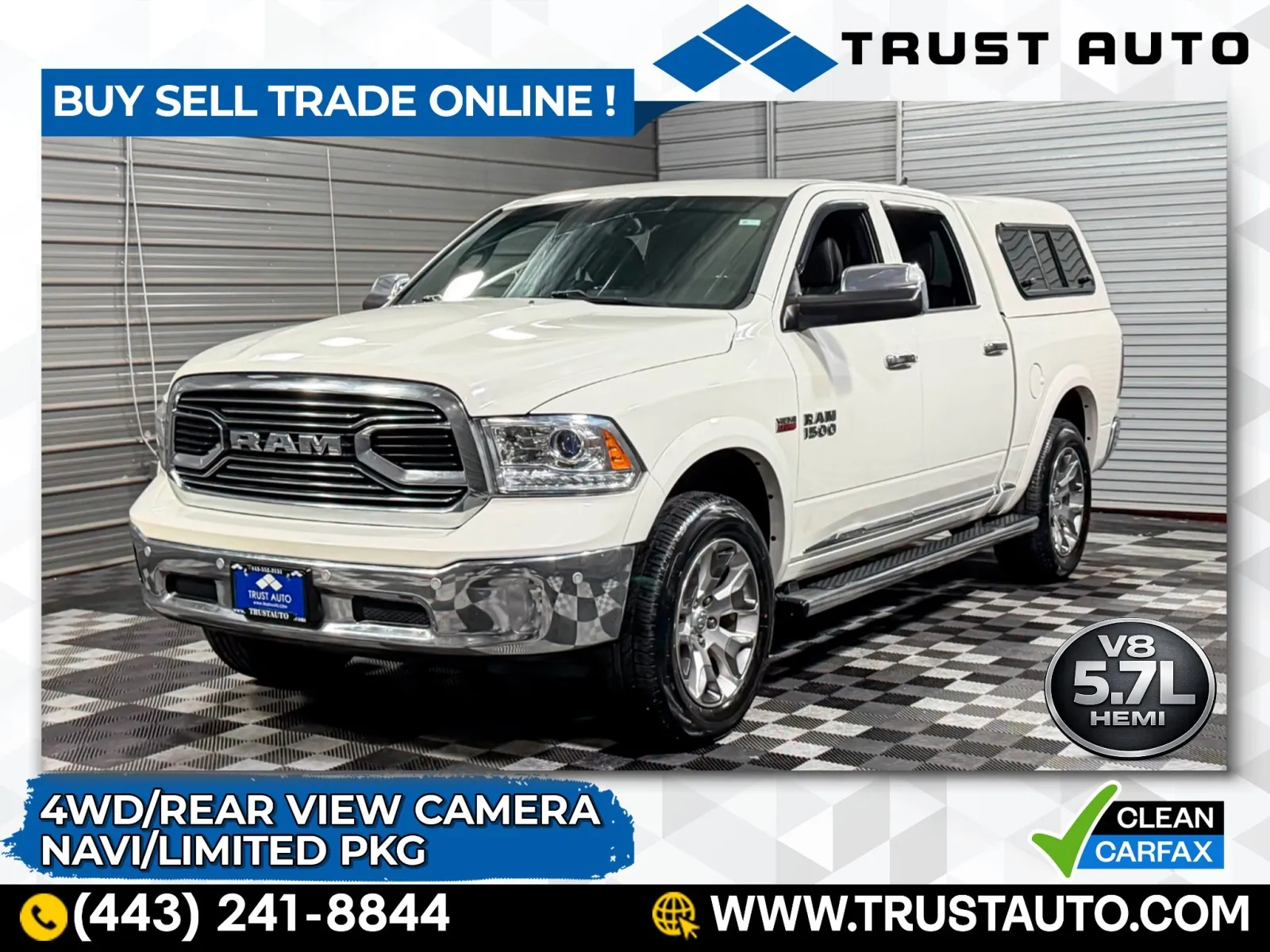 White 2017 Ram 1500 Limited 4WD Crew Cab 5.7L Hemi V8 Pickup Truck for sale in Sykesville, MD