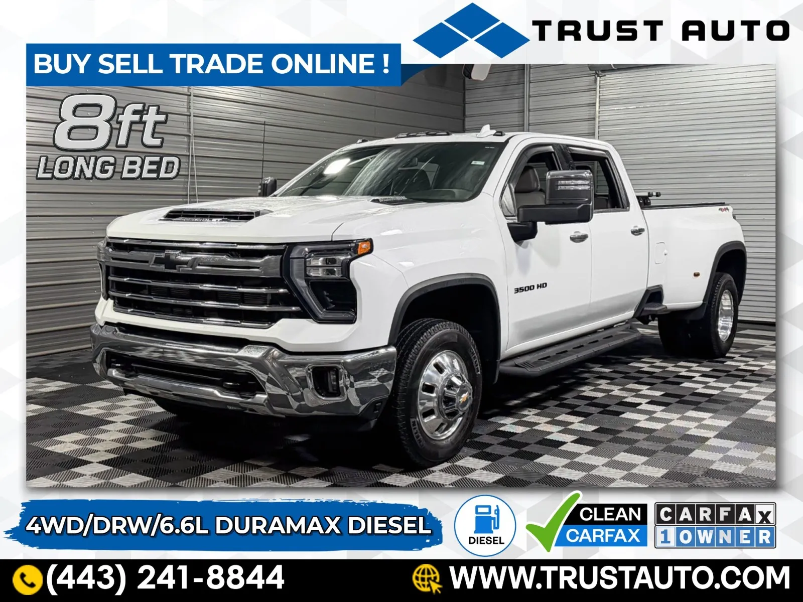 White 2024 Chevrolet Silverado 3500HD DRW LTZ 4WD Crew Cab Dually 8FT Bed Duramax Diesel Pickup Truck for sale in Sykesville, MD