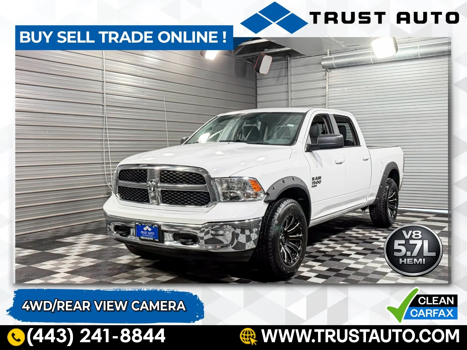 White 2019 Ram 1500 Classic SLT 4WD Crew Cab 5.7L V8 Hemi Pickup Truck for sale in Sykesville, MD