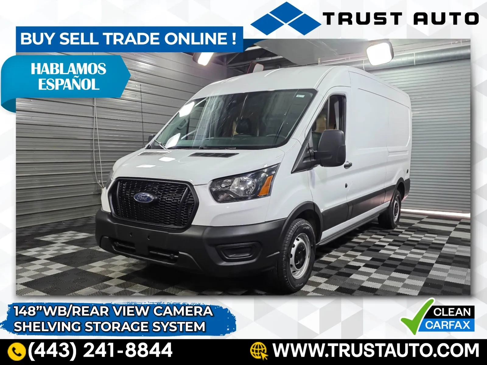 White 2023 Ford Transit T-250 Cargo 148''WB Medium Roof Minivan/Van w/Shelving Storage System for sale in Sykesville, MD
