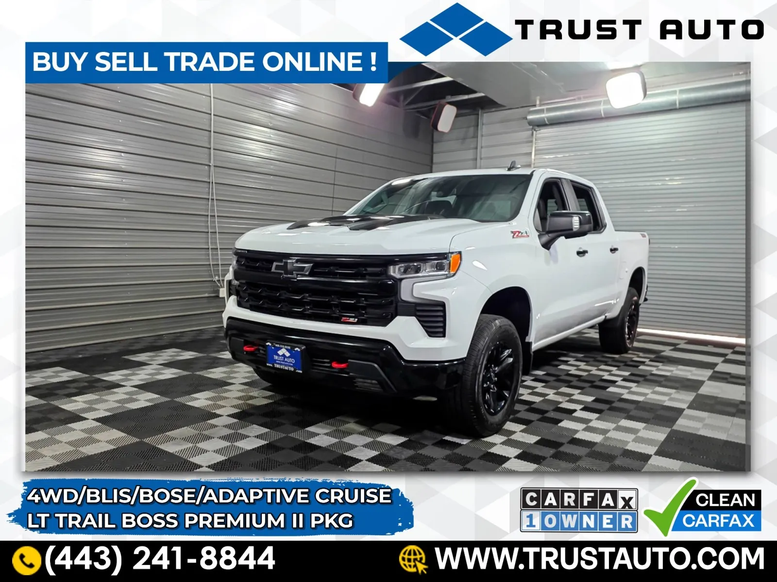 White 2023 Chevrolet Silverado 1500 LT Trail Boss 4WD Crew Cab Pickup Truck w/Premium 2 Pkg for sale in Sykesville, MD