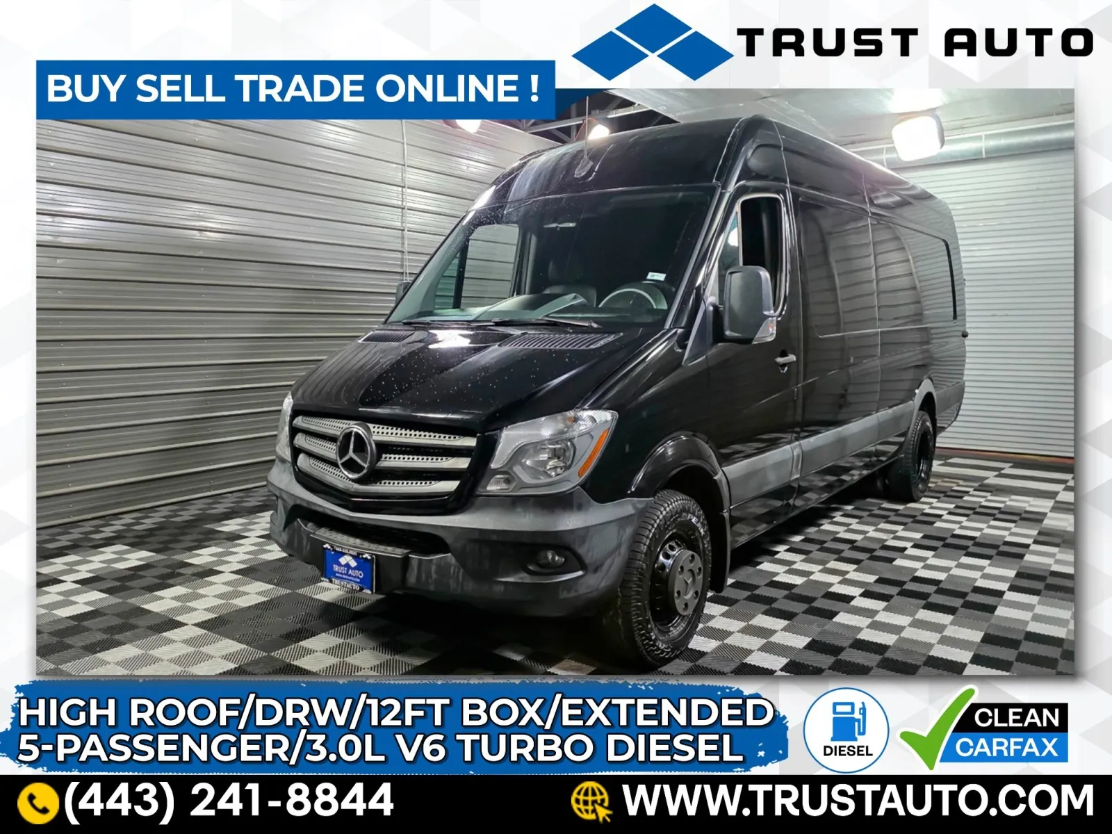 Black 2017 Mercedes-Benz Sprinter 3500XD Crew 170''WB DRW High Roof Extended 3.0L V6 Turbo Diesel Minivan/Van for sale in Sykesville, MD