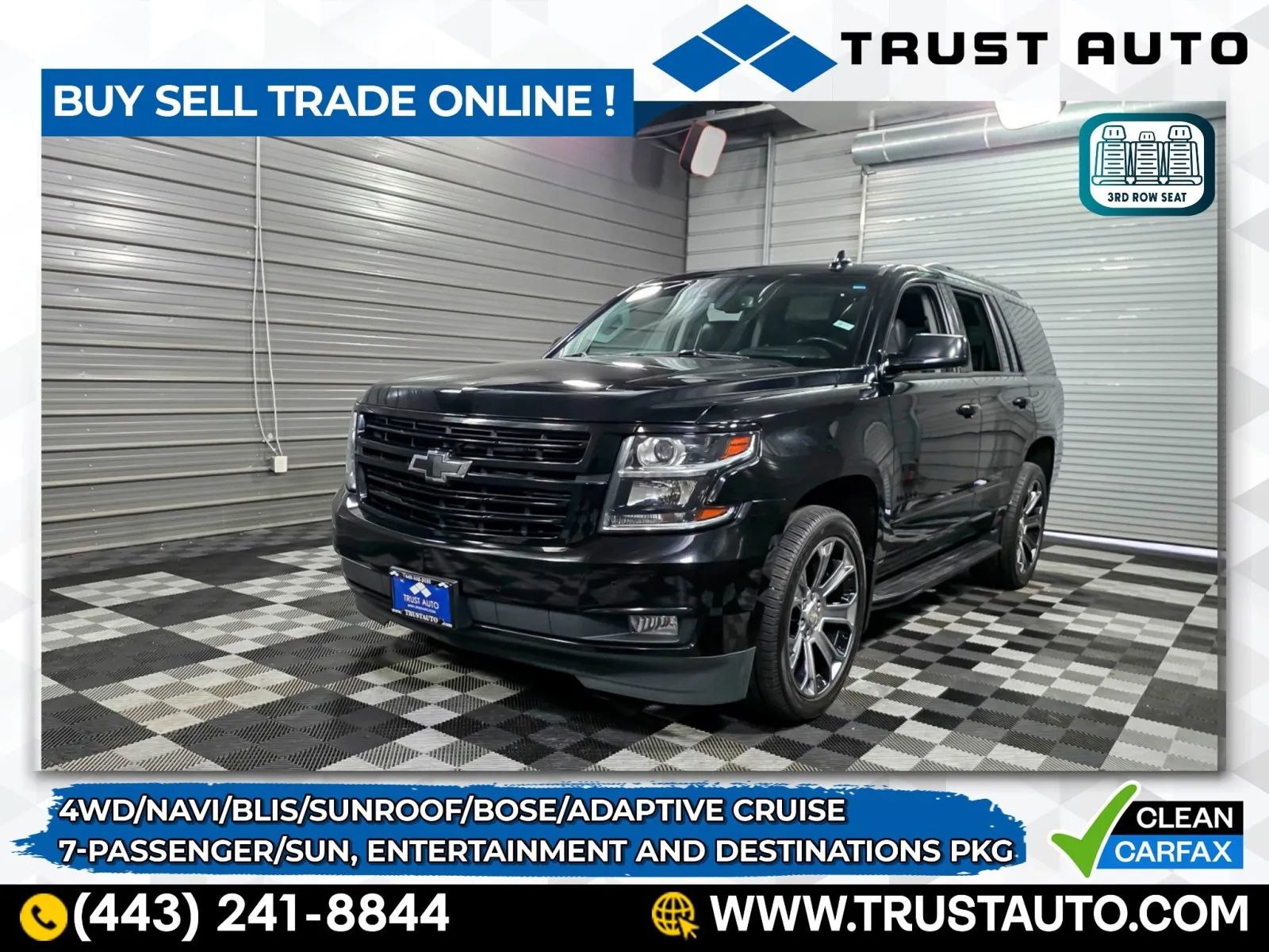 Black 2019 Chevrolet Tahoe Premier 4WD 7-Passenger Luxury SUV w/Sun, Entertainment and Destinations Pkg for sale in Sykesville, MD