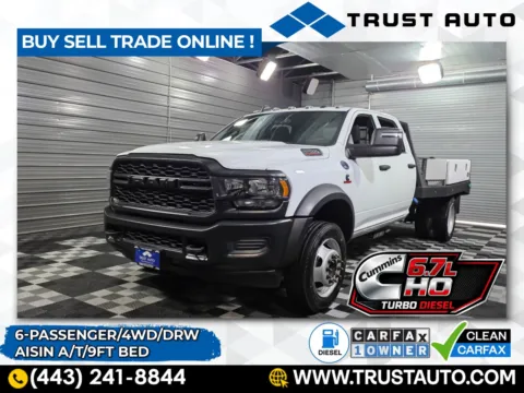 White 2023 Ram 4500 Chassis Flatbed Tradesman 4WD DRW Crew Cab Dually Cummins Diesel Pickup Truck w/AISIN A/T for sale in Sykesville, MD
