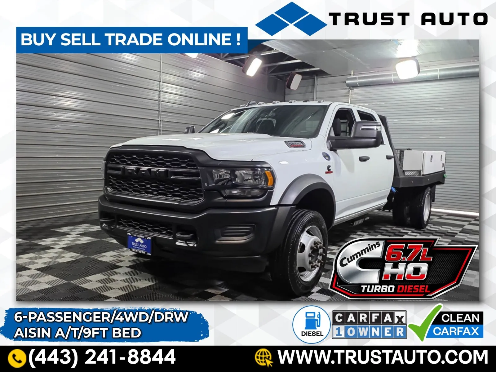 White 2023 Ram 4500 Chassis Flatbed Tradesman 4WD DRW Crew Cab Dually Cummins Diesel Pickup Truck w/AISIN A/T for sale in Sykesville, MD