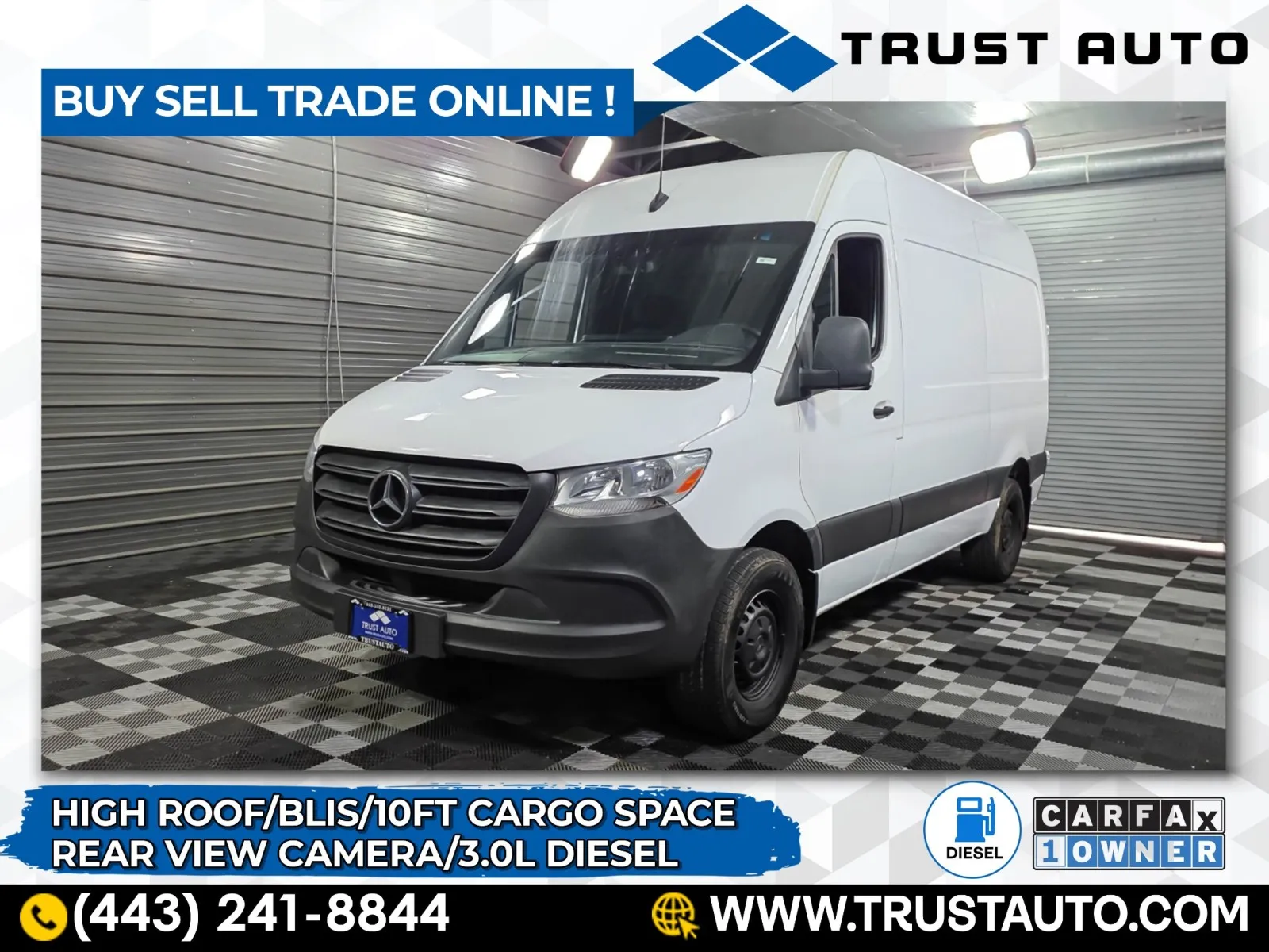 White 2019 Mercedes-Benz Sprinter 3500 Cargo 144''WB High Roof 10FT Diesel Minivan/Van for sale in Sykesville, MD
