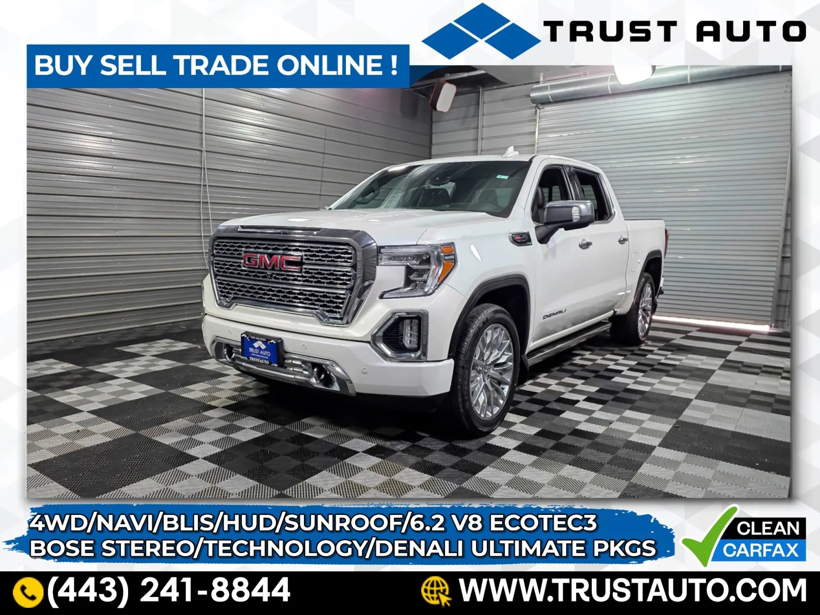 White 2019 GMC Sierra 1500 Denali 4WD Crew Cab 6.2L V8 Pickup Truck w/Ultimate Pkg for sale in Sykesville, MD