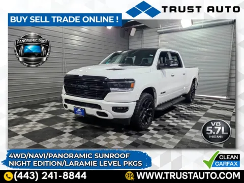 White 2021 Ram 1500 Laramie 4WD Crew Cab 5.7L V8 HEMI Long Bed Pickup Truck w/Night Edition Pkg for sale in Sykesville, MD