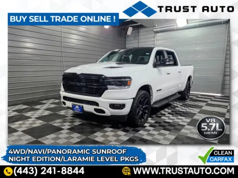 White 2021 Ram 1500 Laramie 4WD Crew Cab 5.7L V8 HEMI Pickup Truck w/Night Edition Pkg for sale in Sykesville, MD