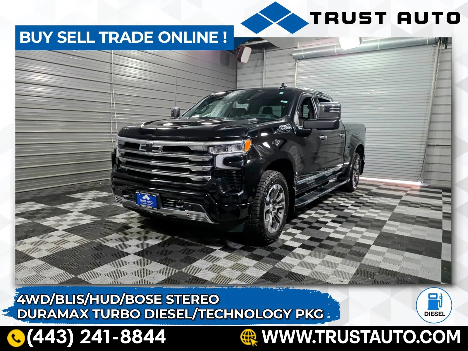 Black 2023 Chevrolet Silverado 1500 High Country 4WD Crew Cab Long Bed Turbo Diesel Pickup Truck w/Technology Pkg for sale in Sykesville, MD