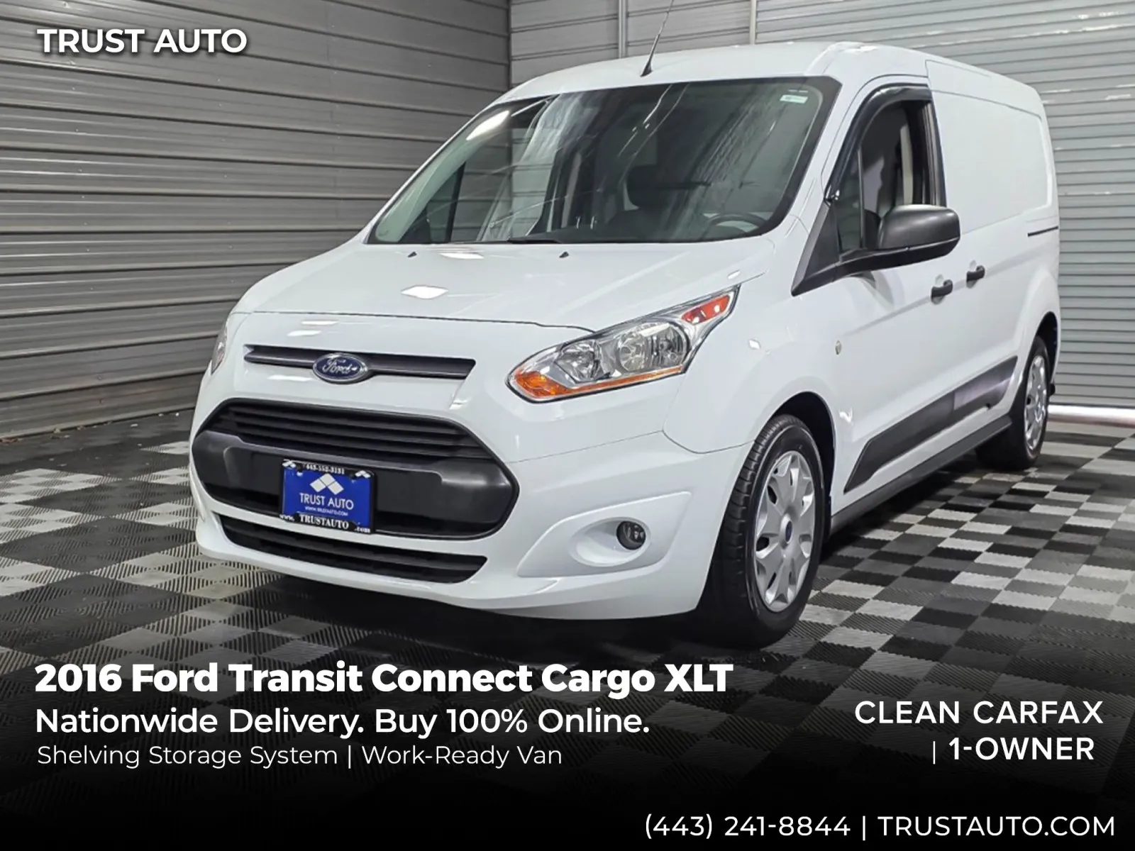 White 2016 Ford Transit Connect Cargo XLT 121''LWB Minivan/Van w/Shelving Storage System for sale in Sykesville, MD