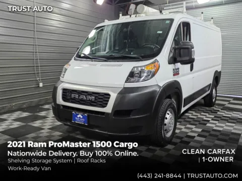 White 2021 Ram ProMaster 1500 Cargo 136'' WB Low Roof Minivan/Van w/Roof Racks/Shelving Storage System for sale in Sykesville, MD