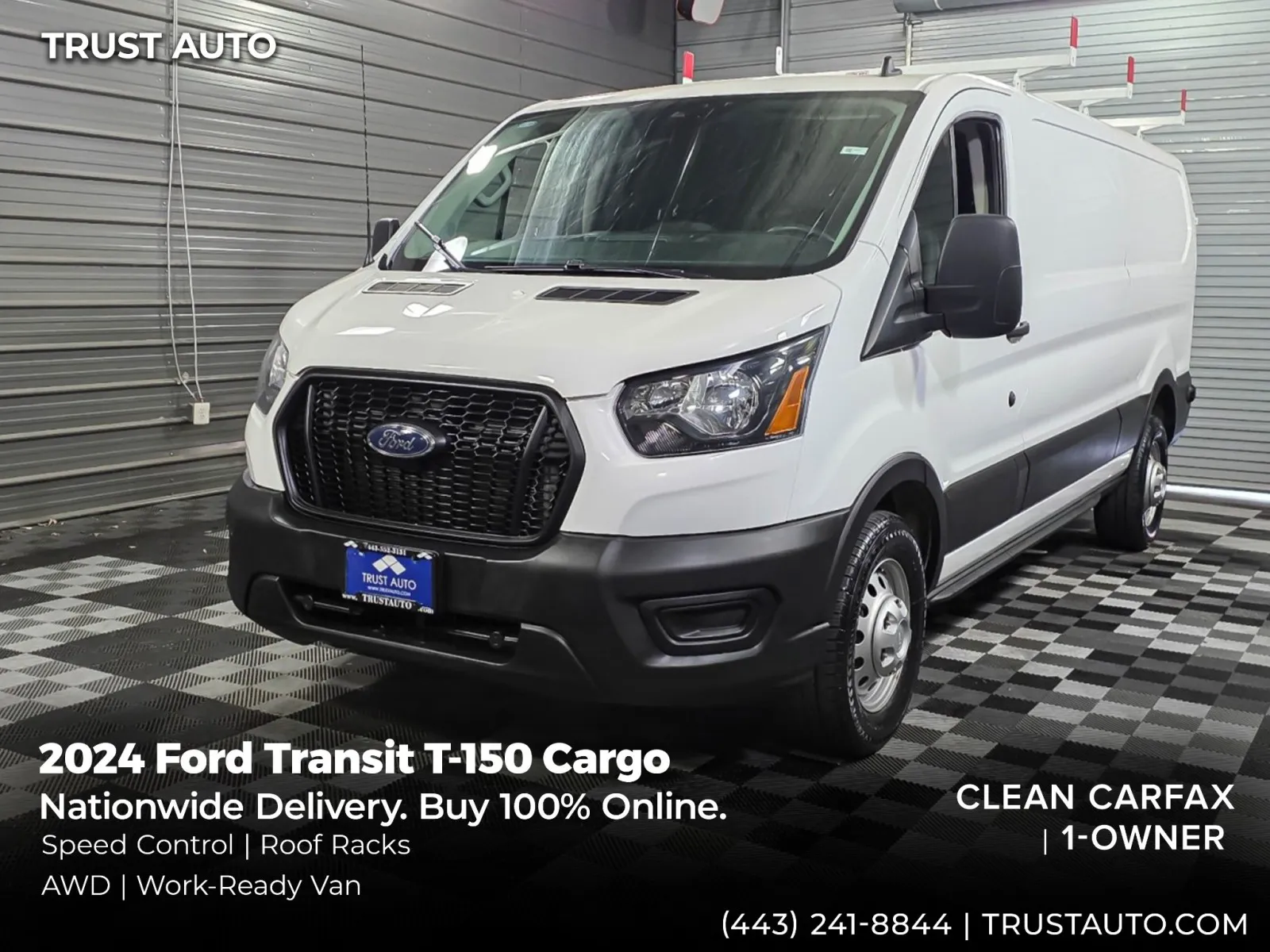 White 2024 Ford Transit T-150 Cargo 148''WB Low Roof AWD Minivan/Van w/Roof Racks for sale in Sykesville, MD