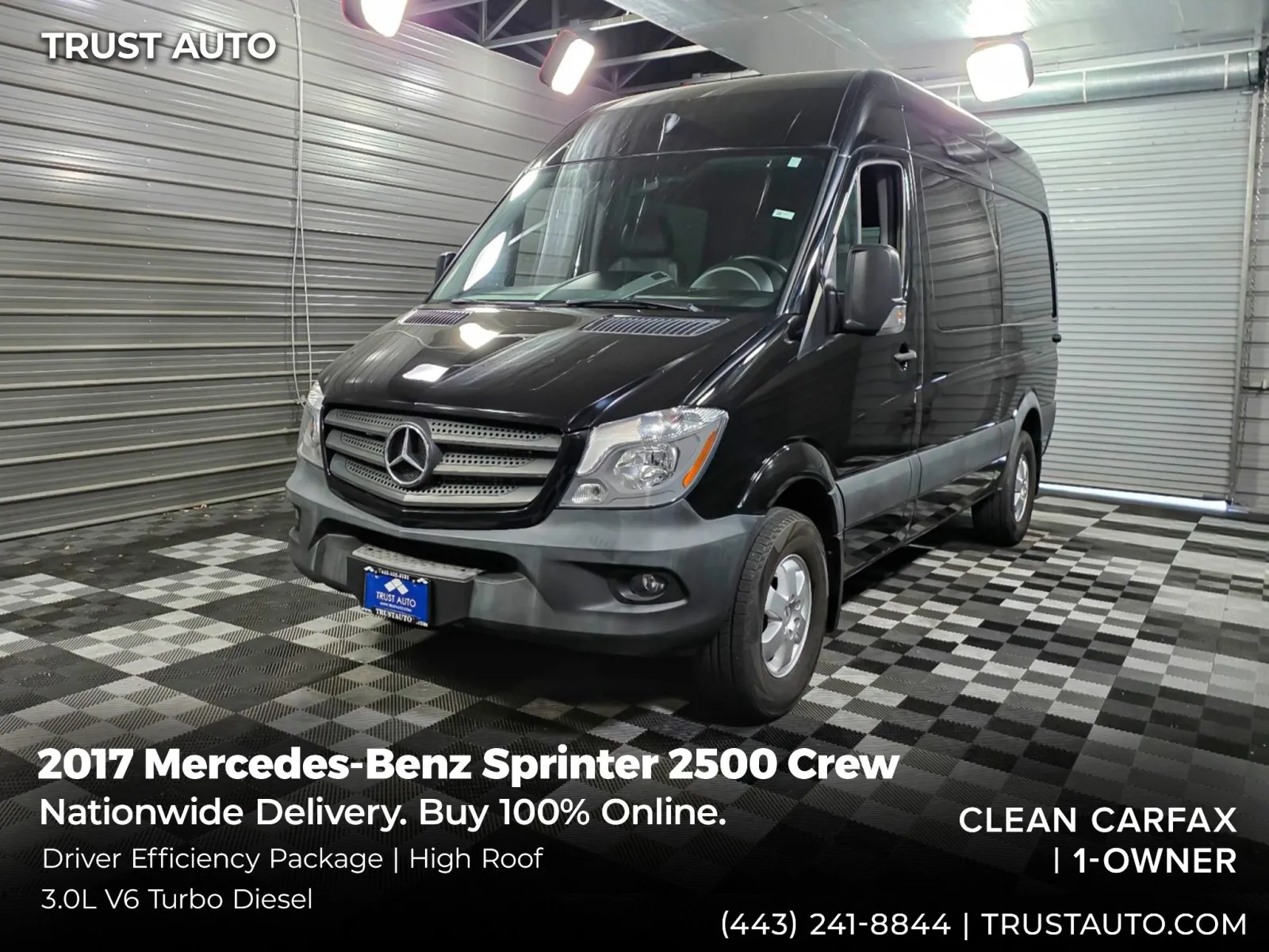 Black 2017 Mercedes-Benz Sprinter 2500 Crew 144'WB High Roof 3.0L V6 Turbo Diesel Minivan/Van for sale in Sykesville, MD