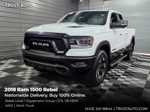 White 2019 Ram 1500 Rebel 4WD Quad Cab 5.7L V8 HEMI Pickup Truck for sale in Sykesville, MD