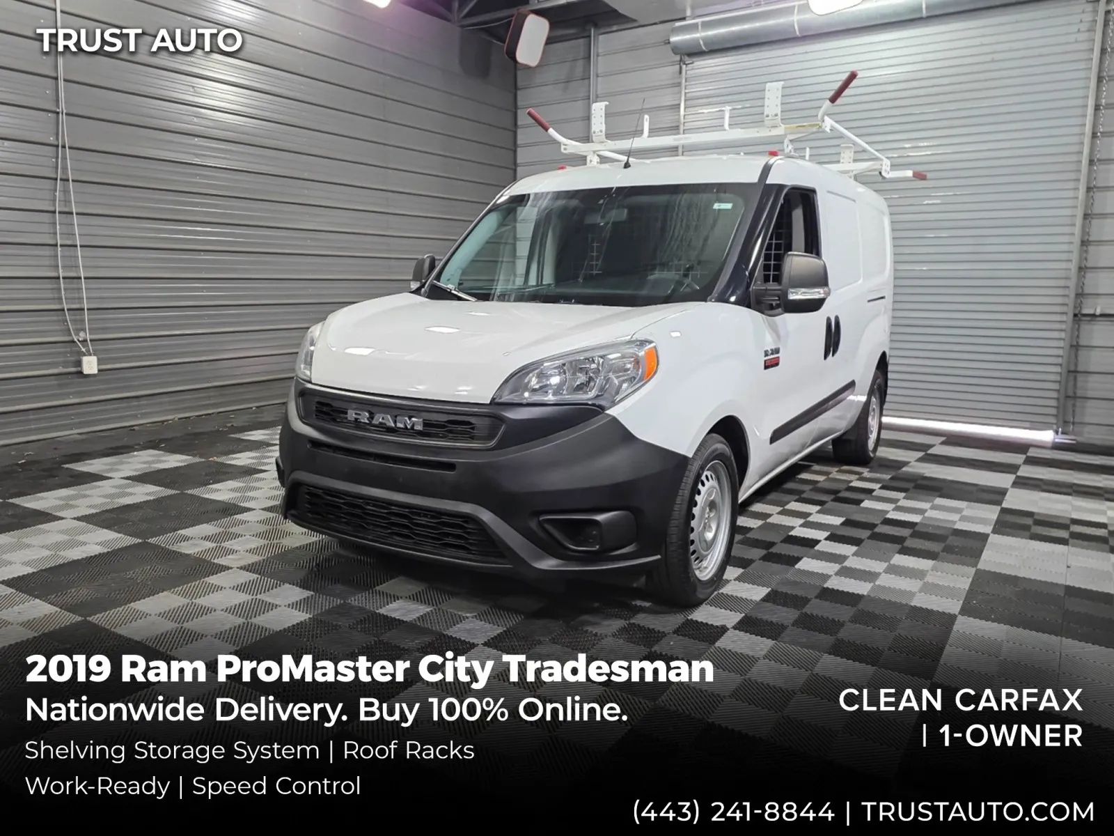 White 2019 Ram ProMaster City Tradesman Cargo Minivan/Van w/Shelving Storage System/Roof Racks for sale in Sykesville, MD