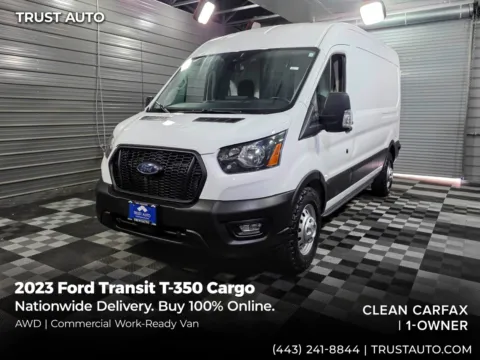 White 2023 Ford Transit T-350 Cargo 148''WB AWD Medium Roof Minivan/Van for sale in Sykesville, MD