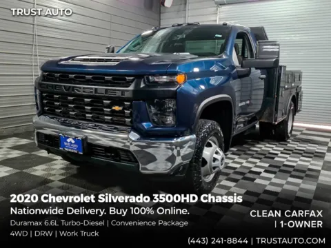 Blue 2020 Chevrolet Silverado 3500HD Chassis WT Flat Bed 4WD DRW Regular Cab Duramax Turbo-Diesel Pickup Truck for sale in Sykesville, MD