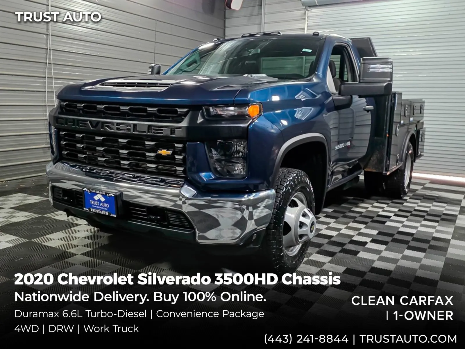 Blue 2020 Chevrolet Silverado 3500HD Chassis WT Flat Bed 4WD DRW Regular Cab Duramax Turbo-Diesel Pickup Truck for sale in Sykesville, MD