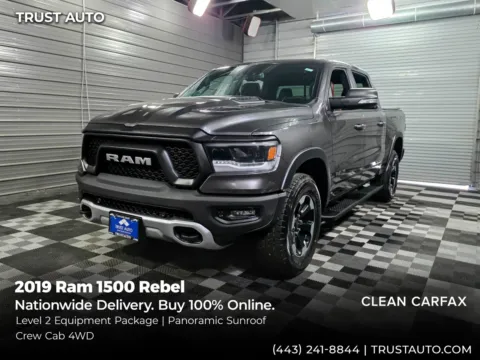 Gray 2019 Ram 1500 Rebel 4WD Crew Cab 5.7L V8 HEMI Pickup Truck w/Level 2 Equipment Pkg for sale in Sykesville, MD