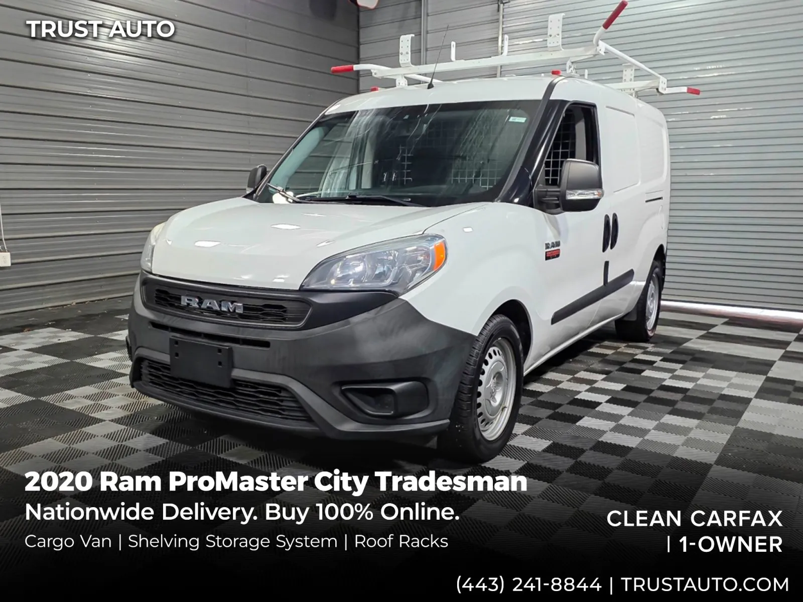White 2020 Ram ProMaster City Cargo Tradesman Minivan/Van w/Shelving Storage System/Roof Racks for sale in Sykesville, MD