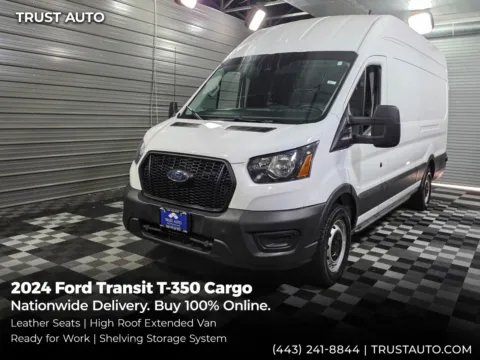 White 2024 Ford Transit T-350 Cargo 148'' High Roof Extended Minivan/Van w/Shelving Storage System for sale in Sykesville, MD