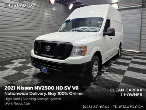 White 2021 Nissan NV2500 HD Cargo SV High Roof Minivan/Van w/Shelving Storage System for sale in Sykesville, MD