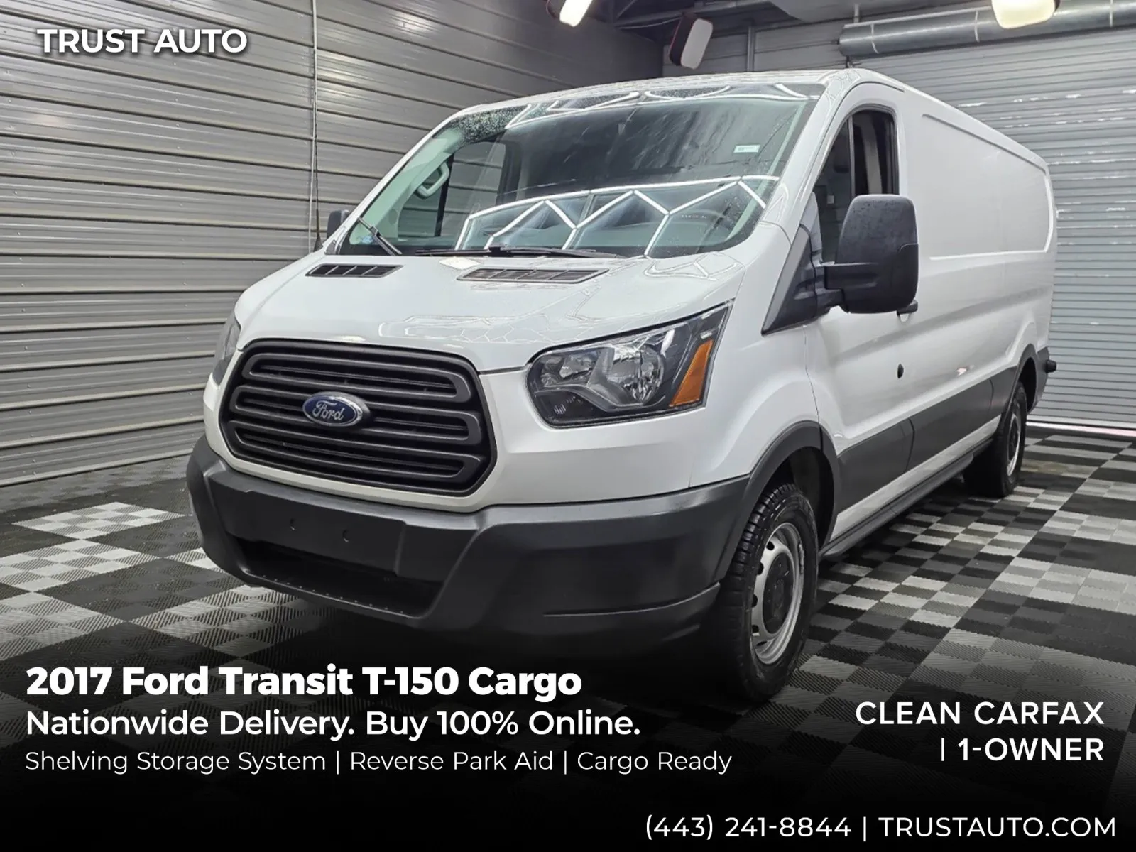 White 2017 Ford Transit T-150 Cargo 148''WB Low Roof Minivan/Van w/Shelving Storage System for sale in Sykesville, MD