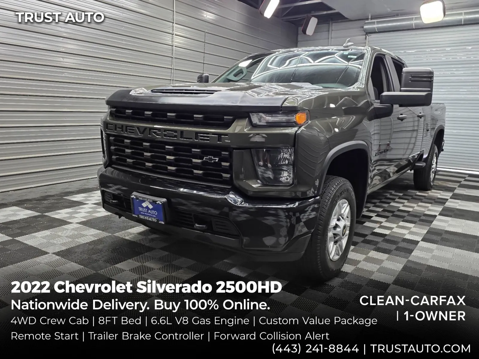Green 2022 Chevrolet Silverado 2500HD Custom 4WD Crew Cab 8FT Bed 6.6L V8 Pickup Truck w/Custom Value Pkg for sale in Sykesville, MD