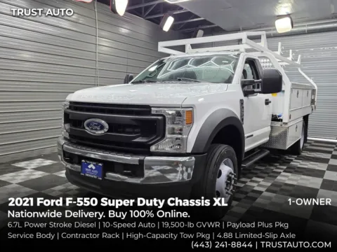 White 2021 Ford F-550 Super Duty Chassis XL 169''WB DRW Regular Cab Service Body w/Contractor Rack for sale in Sykesville, MD