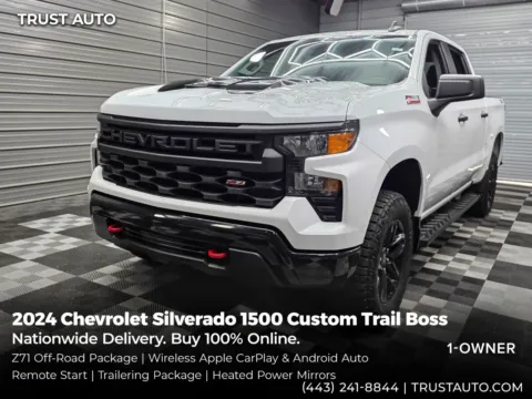 White 2024 Chevrolet Silverado 1500 Custom Trail Boss 4WD Crew Cab Pickup Truck for sale in Sykesville, MD