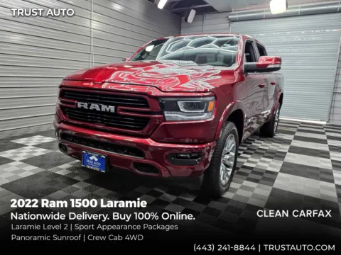 Red 2022 Ram 1500 Laramie 4WD Crew Cab Pickup Truck w/Sport Appearance Pkg for sale in Sykesville, MD