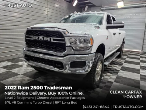 White 2022 Ram 2500 Tradesman Crew Cab 8FT Long Bed Cummins Diesel Pickup Truck w/Chrome Appearance Pkg for sale in Sykesville, MD