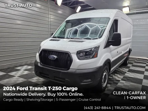 White 2024 Ford Transit T-250 Cargo 148''WB Medium Roof Minivan/Van w/Shelving Storage System for sale in Sykesville, MD