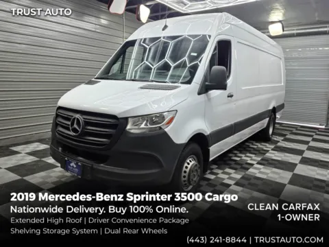 White 2019 Mercedes-Benz Sprinter 3500 Cargo 170''WB DRW High Roof Extended Diesel Minivan/Van w/Shelving Storage System for sale in Sykesville, MD