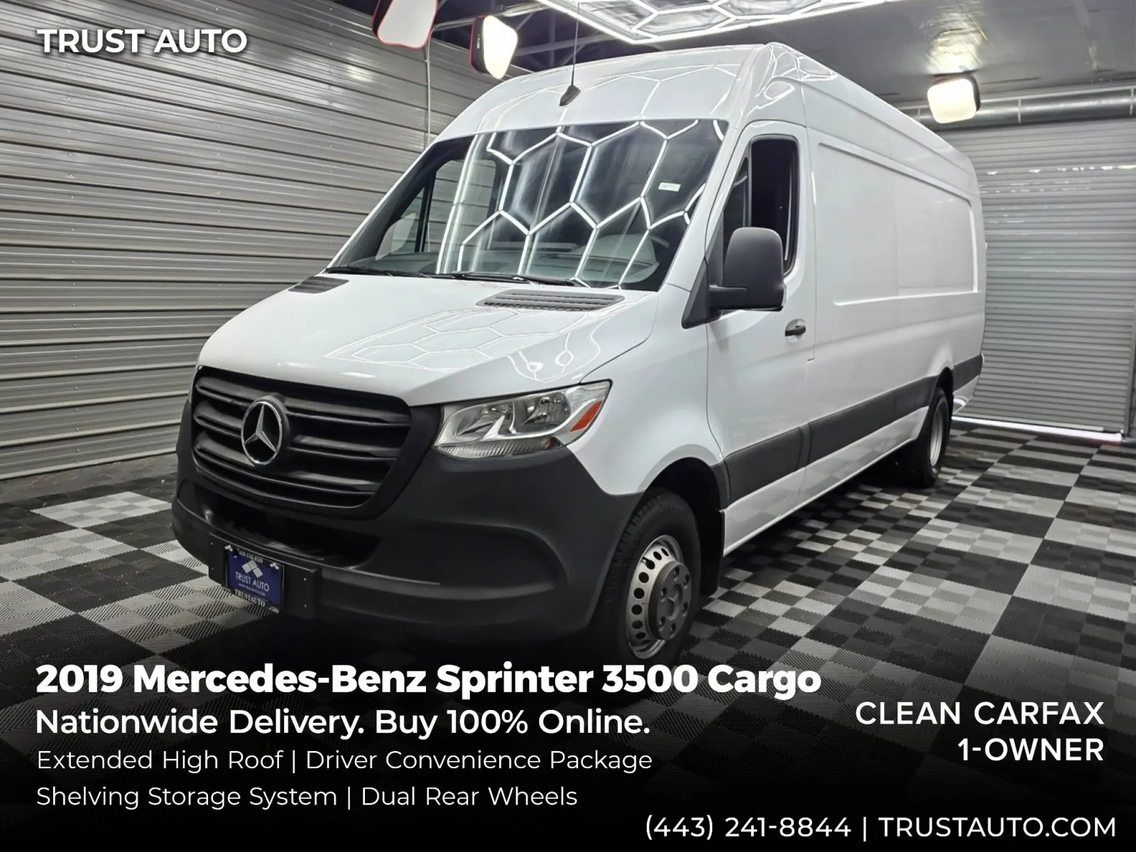 White 2019 Mercedes-Benz Sprinter 3500 Cargo 170''WB DRW High Roof Extended Diesel Minivan/Van w/Shelving Storage System for sale in Sykesville, MD