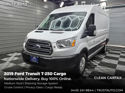 White 2019 Ford Transit T-250 Cargo 148''WB Medium Roof Minivan/Van w/Roof Racks/Shelving Storage System for sale in Sykesville, MD