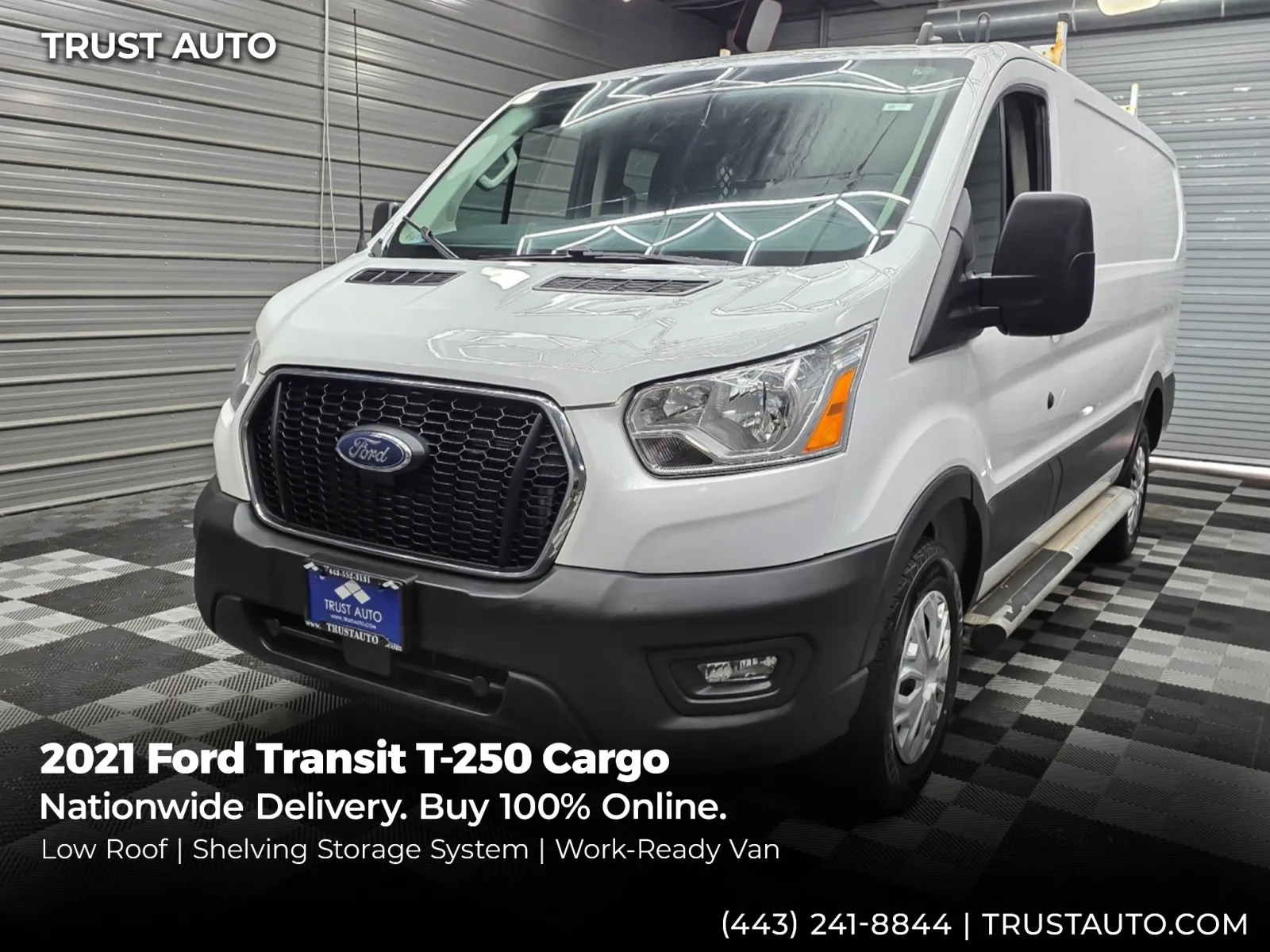 White 2021 Ford Transit T-250 Cargo 130''WB Low Roof Minivan/Van w/Roof Racks/Shelving Storage System for sale in Sykesville, MD