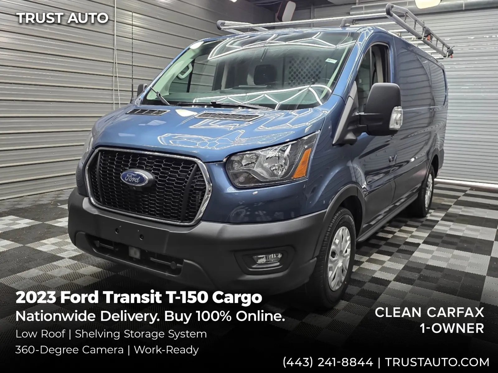 Blue 2023 Ford Transit T-150 Cargo 130''WB Low Roof Minivan/Van w/Roof Racks/Shelving Storage System for sale in Sykesville, MD