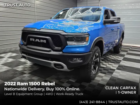 Blue 2022 Ram 1500 Rebel 4WD Crew Cab 5.7L V8 HEMI Pickup Truck w/Level 2 Equipment Pkg for sale in Sykesville, MD