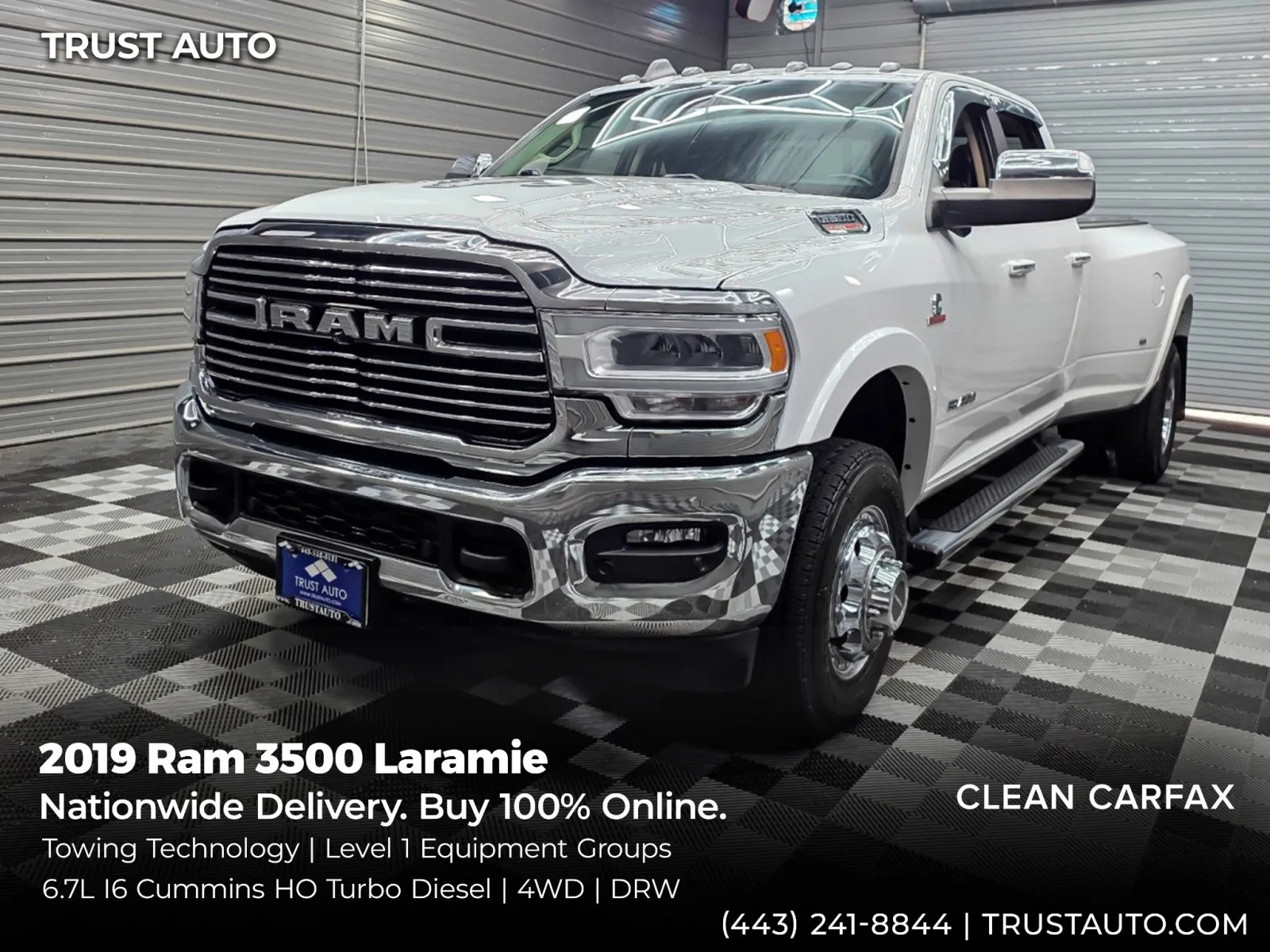 White 2019 Ram 3500 DRW Laramie 4WD Crew Cab 6.7L Cummins Turbo Diesel Pickup Truck for sale in Sykesville, MD